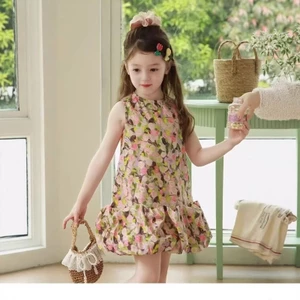 ✿ Bé Gái Tranh Sơn Dầu Hoa Không Tay Bud Đầm 3D Jacquard Hoa Trẻ Em Mùa Hè Vintage Sundress
