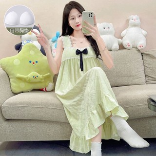 Đầm ngủ cotton kiểu mới mùa hè có đệm ngực, phong cách ngọt ngào, dáng rộng dành cho nữ