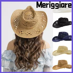 Mũ cao bồi Unisex MERIGGIARE, Mũ chống nắng đi biển có thể gập lại thoáng khí, Dệt tay rỗng Ống hút cuộn lên Mũ Jazz