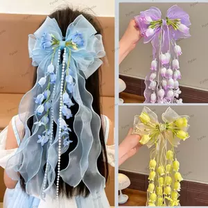 PYCOU Ruy Băng Kẹp Tóc, Chuông Phong Lan Lưới Mềm Nơ Tóc, Ruy Băng Dài Tua Rua Thiết Kế DIY Tóc Barrettes Cho Bé Gái