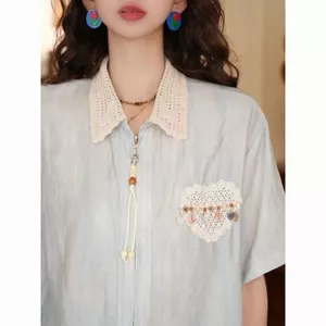 Dây Kéo Cardigan Tay Ngắn Ren Khâu Ve Áo Sơ Mi Nữ 2026 Phong Cách Mới Mùa Hè Mỏng Thiết Kế Rời Top