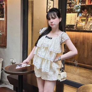Sét Bộ Ren Tầng Đính Nơ Kèm Quần Đùi Cao Cấp - Đồ Bộ ren tầngTiểu Thư Đi Cafe Dạo Phố Hot Trend BYJOLIE-HK