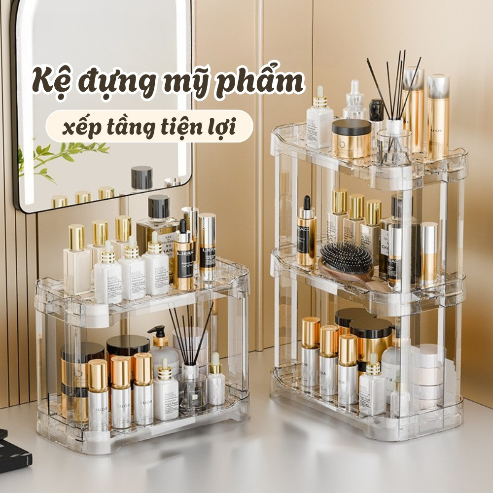 [SẴN] Kệ Đựng Mỹ Phẩm Để Bàn Trong Suốt 2/3 Tầng, Giá Để Đồ Nhà Tắm Đa Năng Có Lỗ Thoát Nước DINOHOME