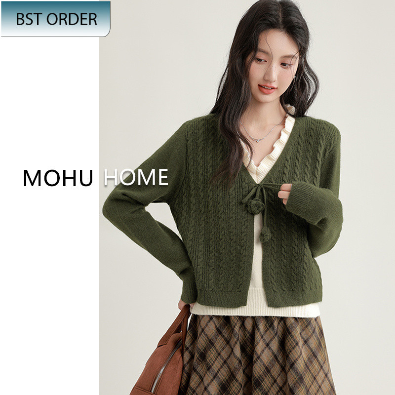 Áo Dệt Kim Giả Hai Chiếc Phong Cách Đầu Thu Rộng Rãi Cổ Chữ V Len Xoắn- Hàng Order