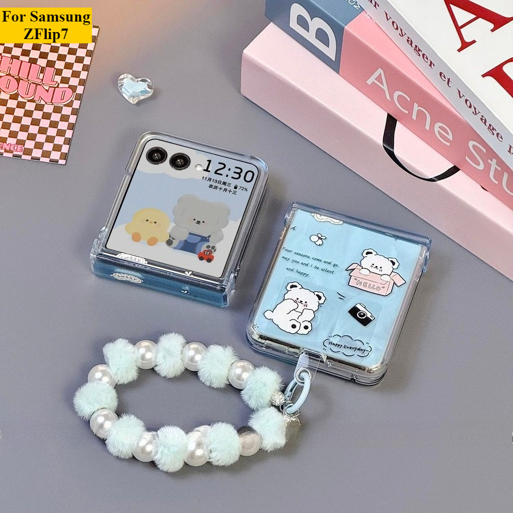 Thích Hợp Cho Samsung Galaxy Zflip7 Hoạt Hình Quà Tặng Gấu Màu Xanh Vỏ Điện Thoại Dây Gấp Cho ZFlip 6 5 4 3 5G N3Flip MixFlip 2 Vỏ Bảo Vệ Cứng