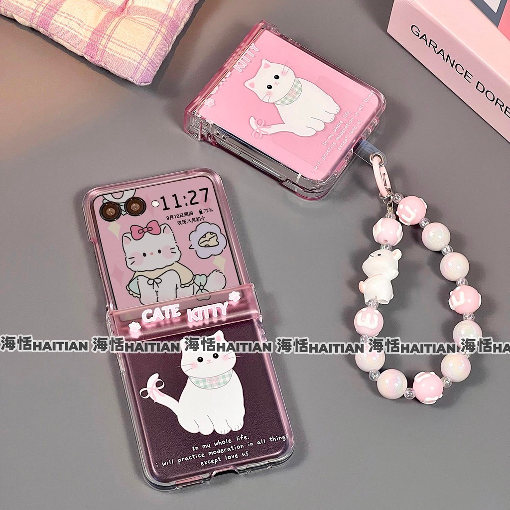 Mới Màu Hồng Hoạt Hình Mèo Trắng Dễ Thương Thích Hợp Cho Samsung Galaxy Zflip7 Vỏ Điện Thoại Dây Gấp Vỏ Cho ZFlip 6 5 4 3 5G N3Flip MixFlip 2 Vỏ Bảo Vệ Cứng