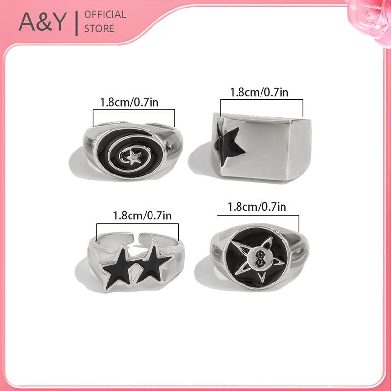 A & Y - Bộ 4 nhẫn ngôi sao năm cánh màu đen và bạc dành cho nam, phù hợp làm quà tặng.