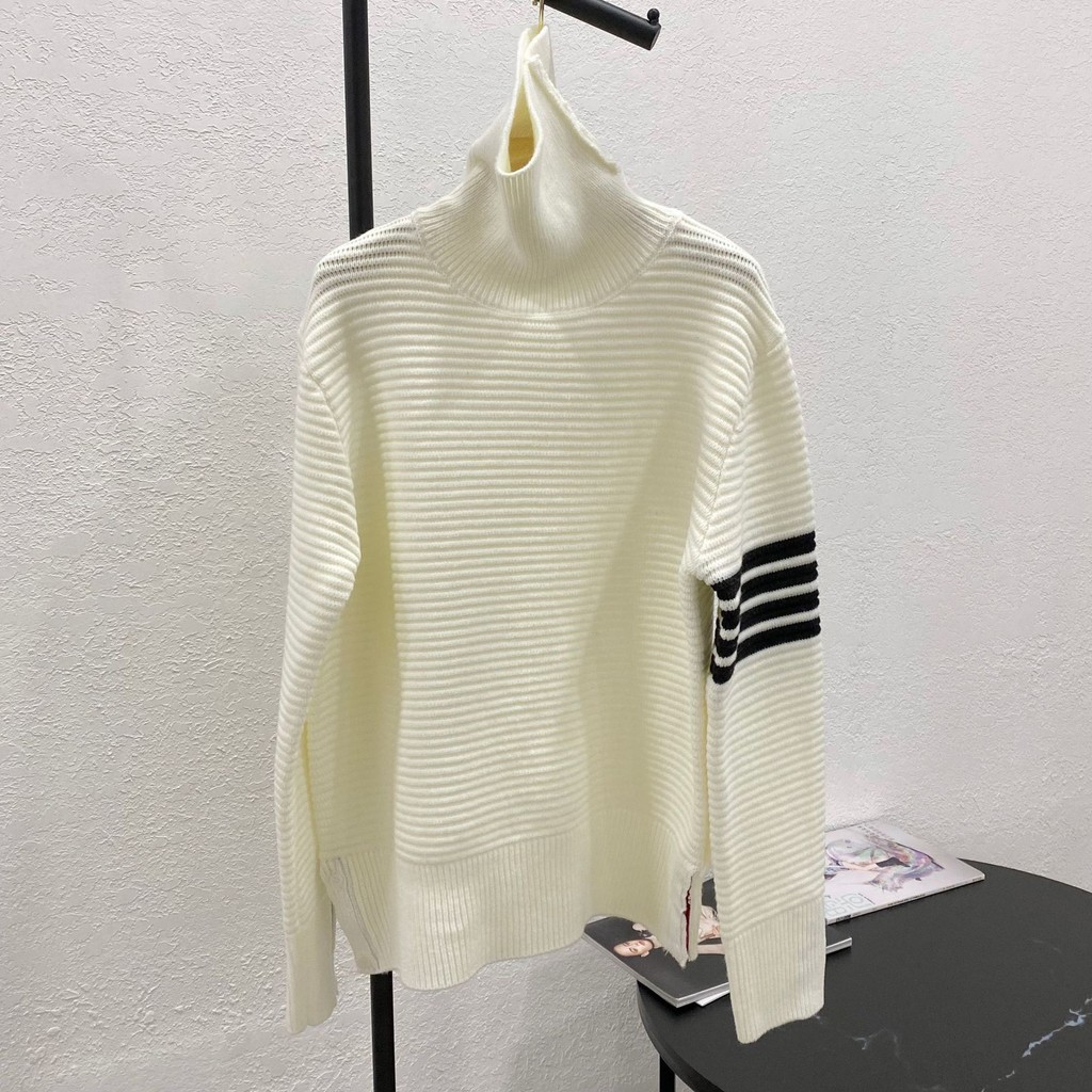 thombrowne 8879High Neck Striped Sweater Knitted High Neck Pullover Fashion Slim Round Neck Cotton Elegant Commuter Knitwear