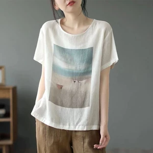 Áo thun ngắn tay cotton và vải lanh phong cách Trung Quốc, họa tiết cổ điển, phù hợp mùa hè