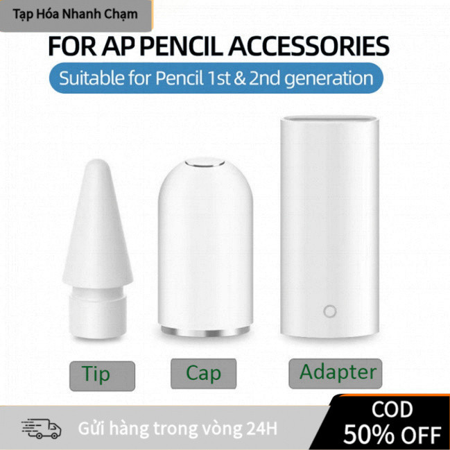 【48H】Nắp Bút Apple Pencil 1 Từ Tính + Bộ Chuyển Lightning & Ngòi Viết – Đầy Đủ Phụ Kiện Thay Thế