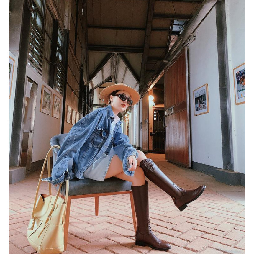 Mùa Thu Đông 2025 Hiệp Sĩ Giày Nữ Retro Nhưng Đầu Gối Thấp Gót Equestrian Giày Hiệp Sĩ Giày Bốt Kích Thước Lớn Giày 48 Thời Trang