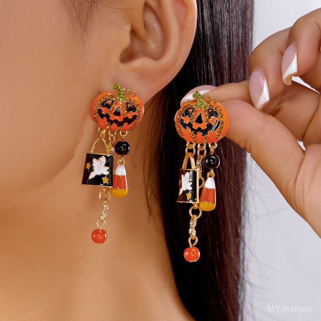 Bông tai Halloween hình bí ngô bằng hợp kim, phù hợp làm quà tặng