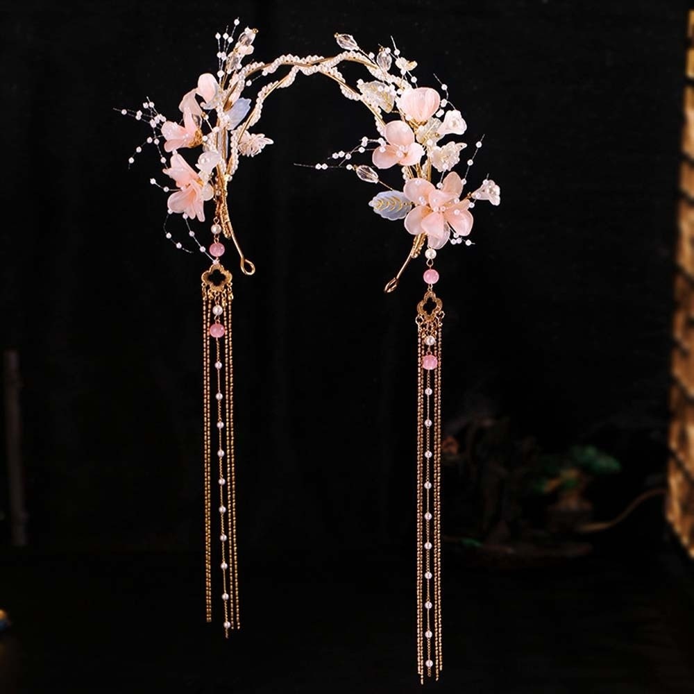 WEETW Băng Đô Quấn Tóc Cổ, Vương Miện Hạt Hanfu Tua Rua Tóc, Hoa Tinh Tế Hợp Kim Pha Lê Lắc lư Cổ Tích Mũ Sườn Xám