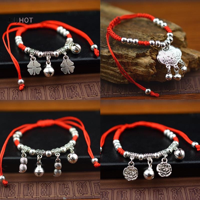 Vòng chân nữ bạc retro phong cách dân tộc, hạt đá mắt cá màu đỏ