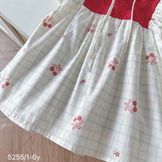 Váy Trắng Phối Đỏ Đính Cherry Cộc Tay Cho Bé Gái Chất Thô Lụa 8-26kg