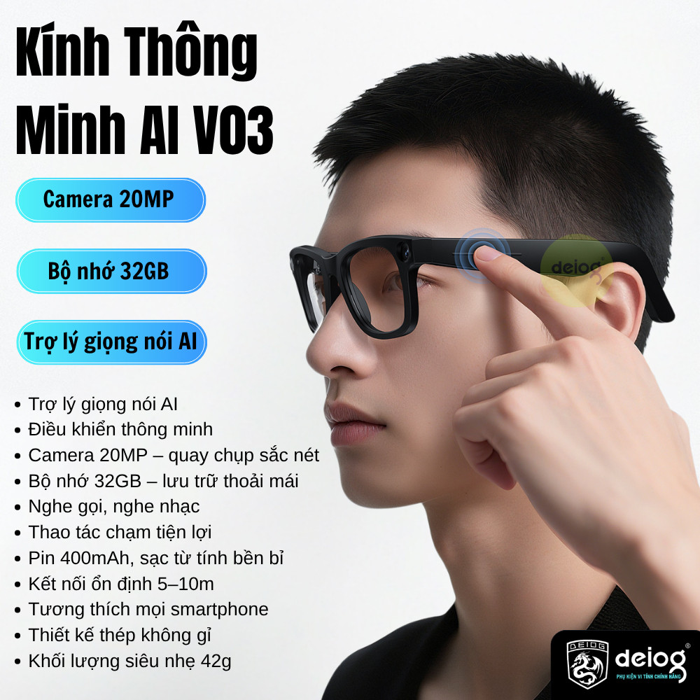 Kính Thông Minh Phiên Dịch AI V03 Bluetooth – Nghe Gọi Rảnh Tay, Điều Khiển Giọng Nói Cảm Biến