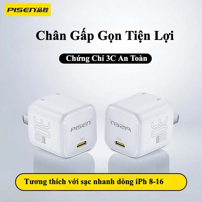 Bộ Sạc nhanh PISEN 30W GaN PD - Không nóng gắt củ - nhỏ gọn -  Tương thích nhiều dòng máy - Bảo hàng 6 tháng