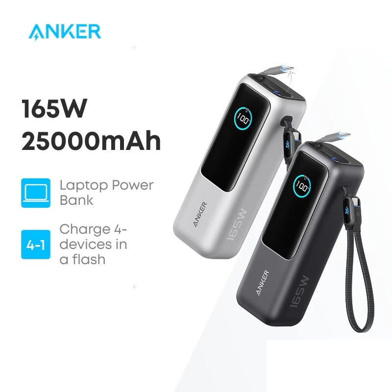 Pin Sạc di động Anker Zolo 25.000mAh| Công suất 165W | Tích hợp 2 cáp USB-C có thể rút gọn | Có màn hình-A1695 | BigBuy360 - bigbuy360.vn