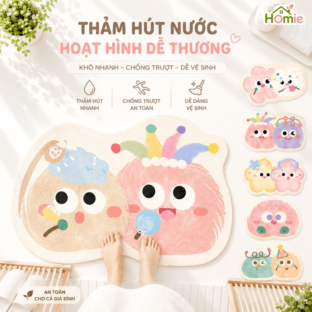 Thảm Lau Chân Hoạt Hình Siêu Thấm Hút Bùn Tảo HOMIE, Thảm Chùi Chân Dễ Thương Decor Phòng Tắm Phòng Ngủ