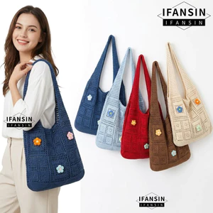 Túi đeo vai dệt kim IFANSIN, Túi đeo vai nữ dệt công suất lớn hoa, Túi đeo vai nữ nhẹ phong cách Bohemian rỗng đeo nách hàng ngày
