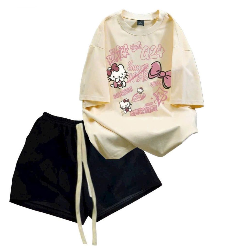Bộ quần đùi cộc ngắn  màu đen dây to,+ mix áo phông unisex họa tiết hình mèo cuteee