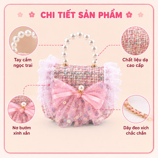 Túi xách cho bé gái – Nơ bướm, đính ngọc trai, phong cách công chúa, đeo chéo, xách tay, chất liệu dạ cao cấp, đi chơi