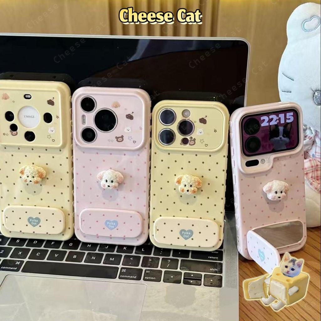 Ốp điện thoại có đế gương 3D hình cún con dễ thương cho iPhone 17 Pro Max 11 12 13 14 15 16 Plus