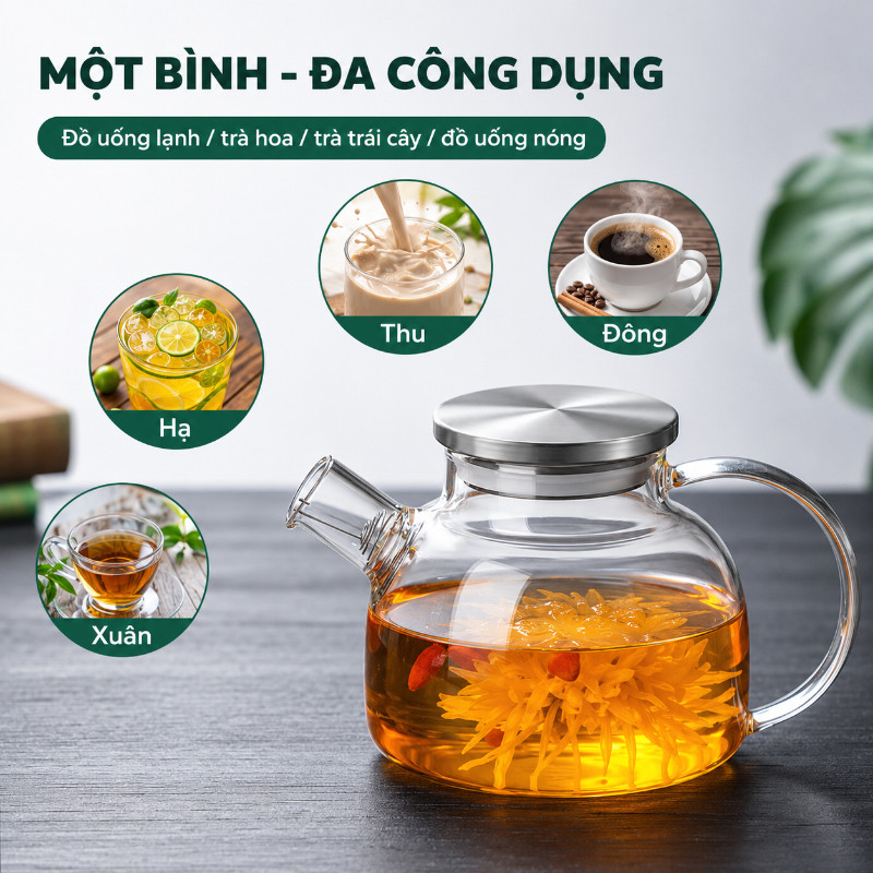 Bình nước thủy tinh borosilicate, bình đựng nước nắp inox 304, bình lọc nước pha trà 1L/1.8L