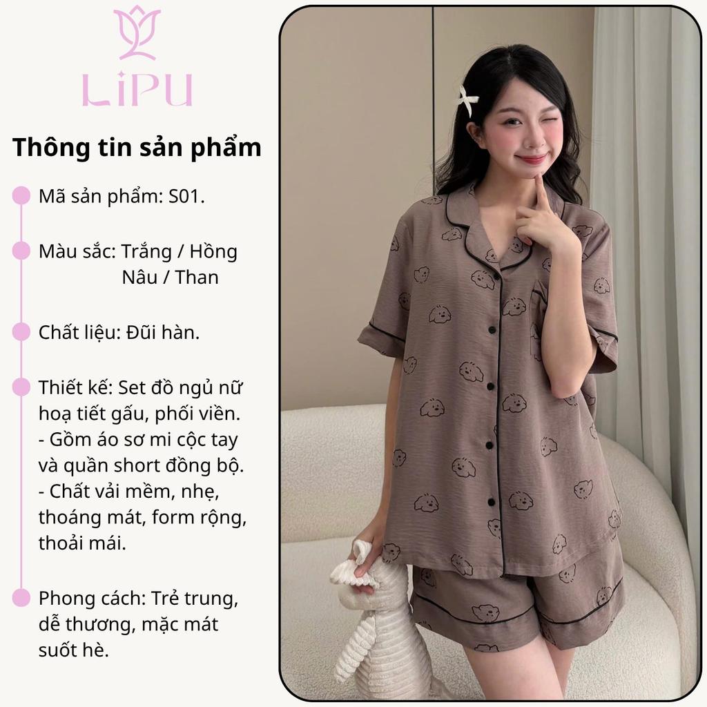 Set Pyjama Cộc Cổ Bẻ Họa Tiết Gấu Pha Viền S01 LIPU