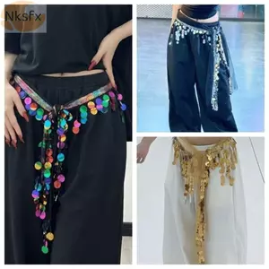Thắt lưng tua rua NKSFX, Viền tua rua dài có thể điều chỉnh Dây buộc Sequin hông, Hip Hop Cymbal Sequins Lưới Đế Vải Cắt bất đối xứng Váy khiêu vũ Hông Jazz Dance Show