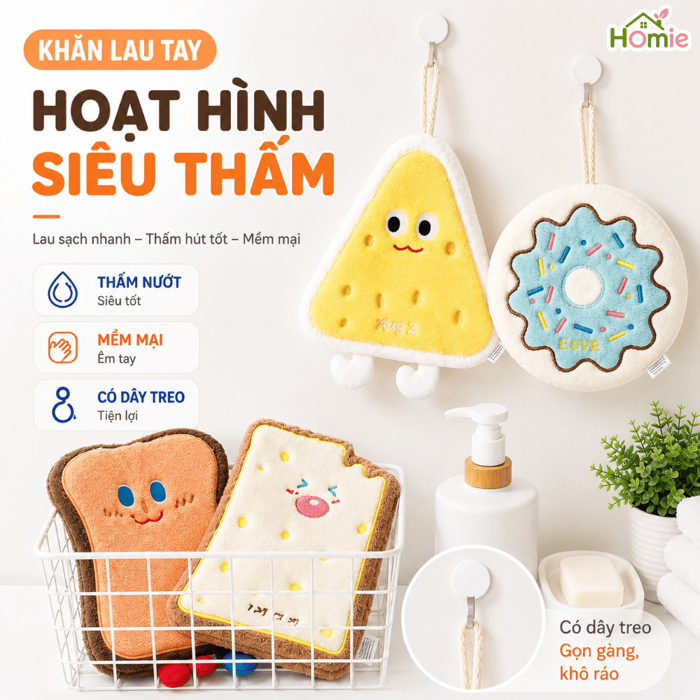 Khăn Lau Tay Nhà Bếp Hoạt Hình Siêu Thấm Hút HOMIE, Khăn Treo Lau Tay Hình Thú Dễ Thương, Lông Cừu Mềm Mịn