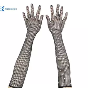 Kudosation Trắng Đỏ Dài Lưới Găng Tay Với Kim Cương Giả Rỗng Lưới Câu Cá Nữ Găng Tay Ngón Tay Lạ Mắt Cosplay Fishnet Găng Tay Đẹp