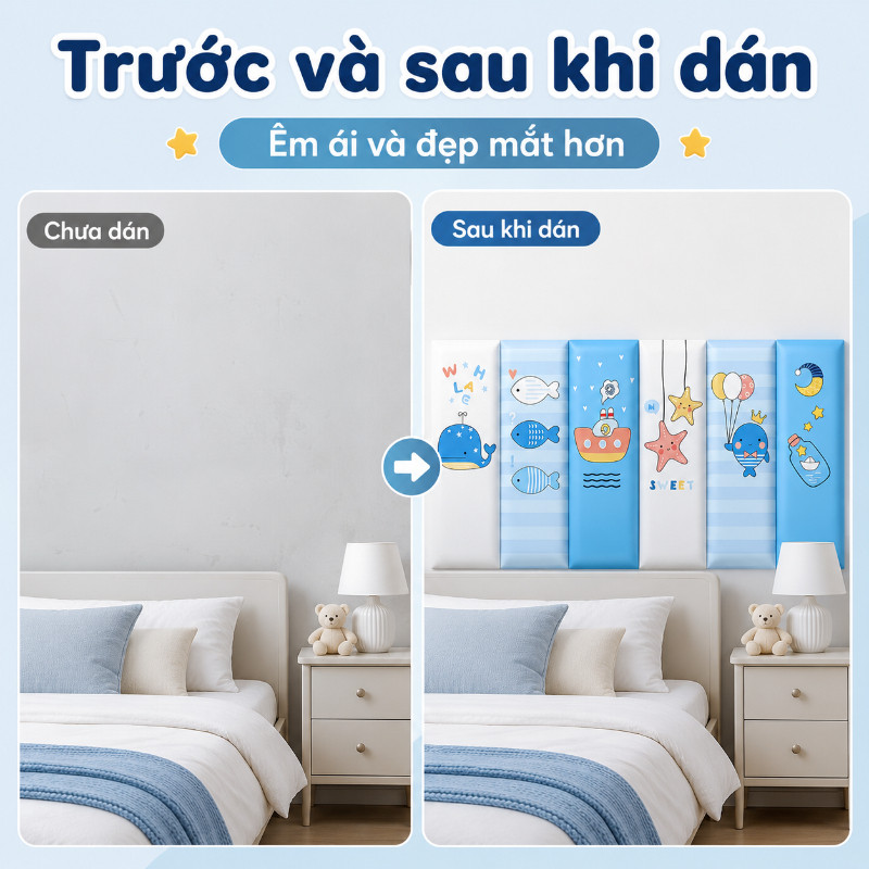 Xốp Dán Tường 3D Chống Va Đập Cho Bé 6Pcs 180x60cm, Tấm Lót Đầu Giường Trang Trí Phòng Ngủ