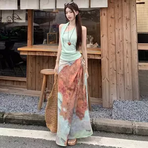 Bộ đồ phong cách kỳ nghỉ bên bờ biển Áo Vest xếp ly độc đáo dành cho nữ mùa hè Retro Tie-Dye Váy nửa dài hai @ -