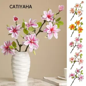 CATIYAHA Mô Phỏng Yulan Magnolia, Hoa Nhân Tạo Lụa Nhựa Phong Cách Trung Hoa Mộc Lan, Sáng Tạo Nhiều Màu 4 Đầu Lá Xanh Quà Tặng Sắp Xếp Hoa