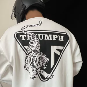 Xiashan Tiger 200GSM American retro xe máy nam nữ 100% Cotton cao cấp Áo thun ngắn tay cổ tròn dáng rộng