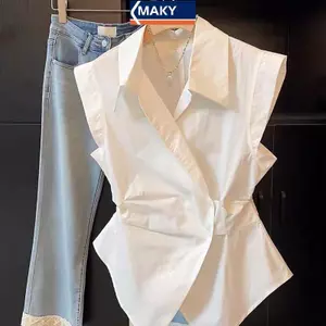 MAKY Pháp Tính Khí Ve Áo Áo Sơ Mi Không Tay Sang Trọng Không Đều Eo cinching Top Dành Cho Nữ VN