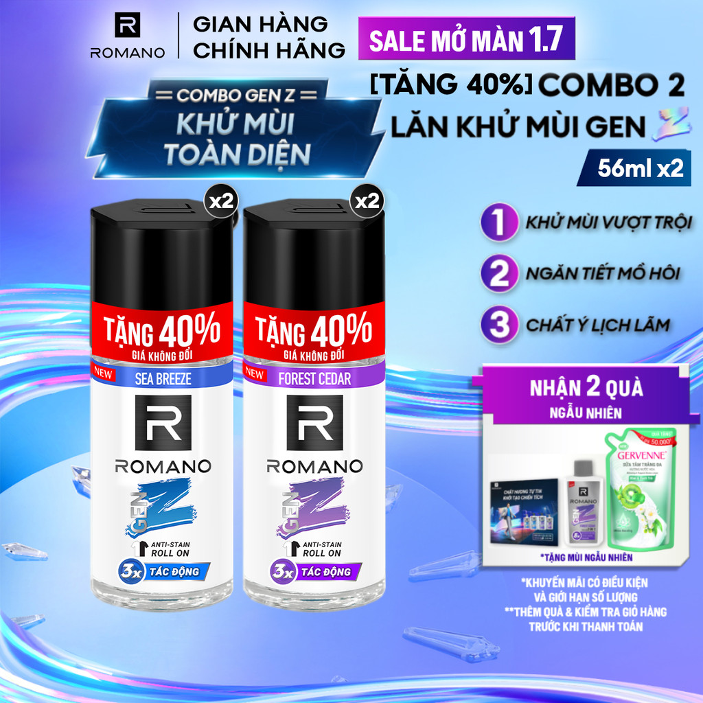 Combo 2 Lăn khử mùi Romano Gen Z Khử mùi vượt trội - Ngăn vệt ố vàng ( 40ml x 2 )