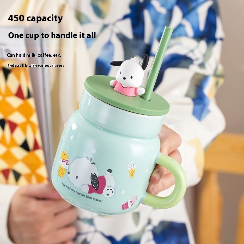 Kawaii Sanrio POCHACCO Cốc Gốm Văn Phòng Cốc Nước Có Ống Hút Dễ Thương Cốc Uống Có Nắp Anime Hoạt Hình Cô Gái Quà Tặng Sinh Nhật