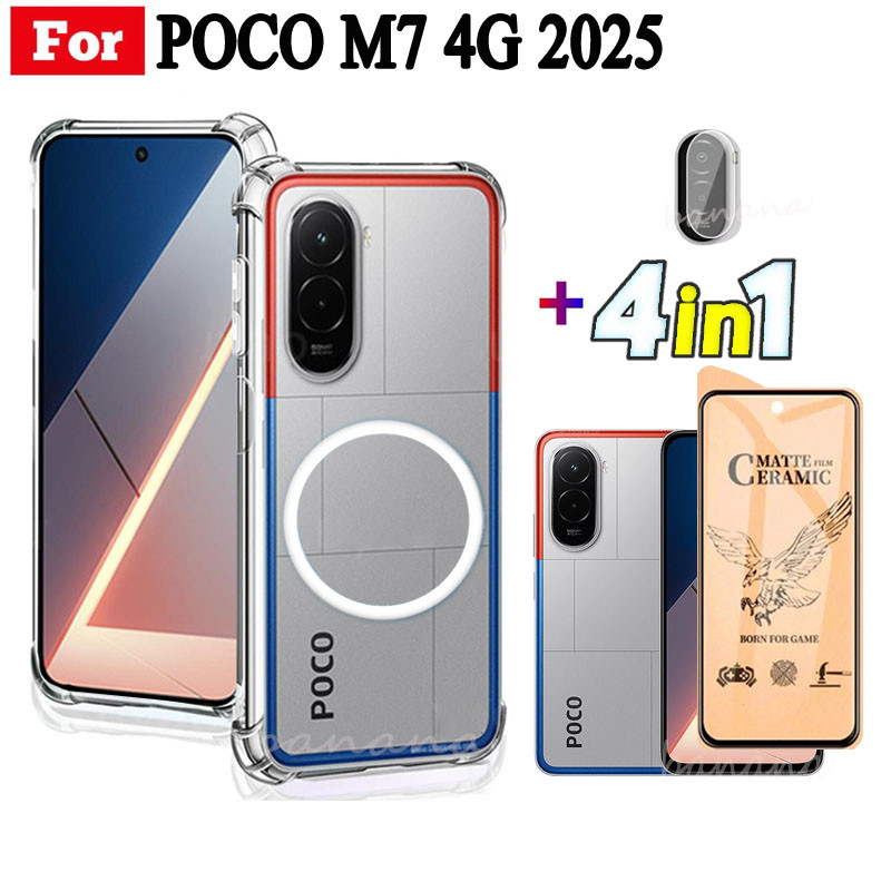 Ốp điện thoại chống sốc TPU trong suốt Xiaomi Poco M7 4G có thanh sạc không dây từ tính cho Poco C85 C75 Kính cường lực bảo mật chống gián điệp + Phim ống kính