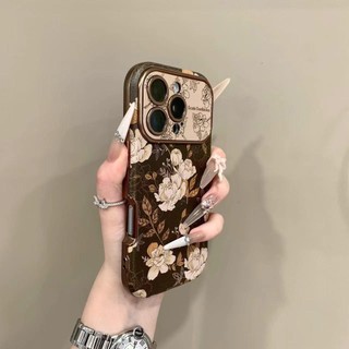 Retro Tranh Sơn Dầu Màu Nâu Hoa Stereo Cửa Sổ Lớn Vỏ Điện Thoại Di Động Thích Hợp Cho iPhone17 16 15 14 13 Pro Max Chống Sốc Bảo Vệ Camera Ốp Lưng Mềm Chống Rơi