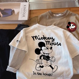 Mùa Xuân Thu Phong Cách Mới Trẻ Em Hoạt Hình Mickey Cổ Tròn Dài Tay Giả Hai Mảnh Bé Trai Thời Trang Đáy Áo Sơ Mi
