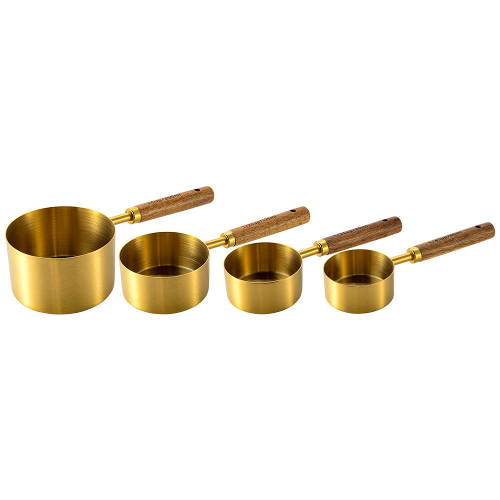 Cốc đo lường bằng thép không gỉ mạ vàng Muỗng đo lường Acacia Tay cầm bằng gỗ Dụng cụ đo lường Bát @ -