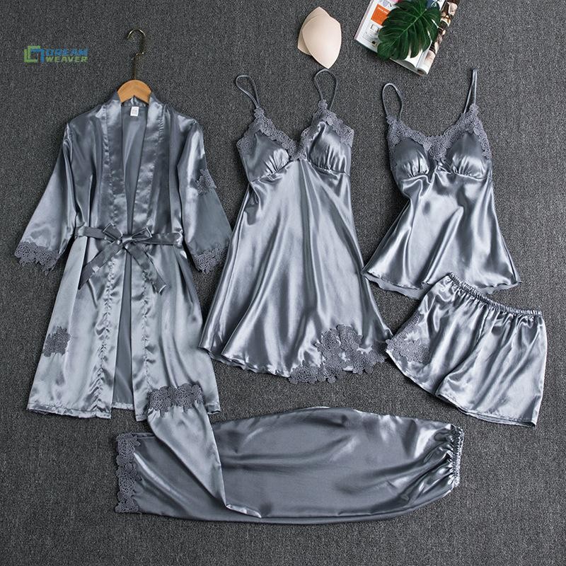 [Dream] Bộ đồ ngủ áo choàng lụa 5PC Bộ đồ ngủ ren Satin cho nữ Bộ áo choàng cổ chữ V Cami Nighties Mặc Pijama Home Váy ngủ mùa xuân mới