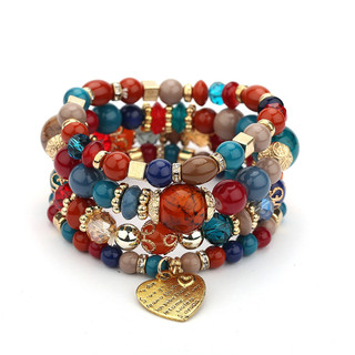 Vòng tay bohemian dân tộc nhiều lớp pha lê màu đào hình trái tim - Trang sức nữ