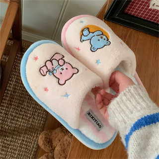 XIXITIAO dép bông nữ mùa thu đông, thoải mái, thời trang, họa tiết sao và gấu nhỏ giữ ấm