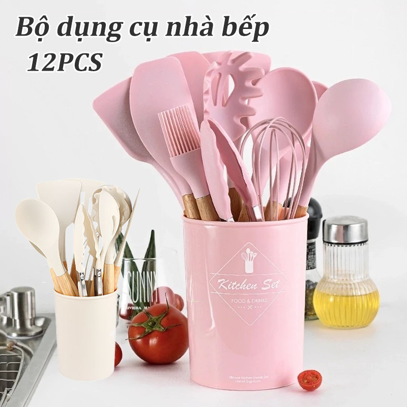 Bộ Dụng Cụ Nấu Ăn Gel Silicone, 12 Món Cán Gỗ Kitchen Set, nấu ăn làm bánh, Chịu Nhiệt Chống Dín