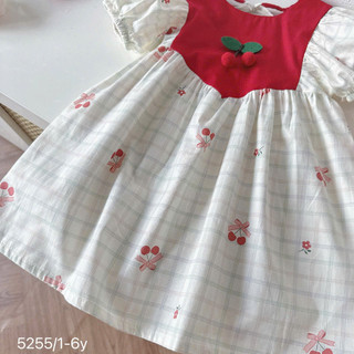 Váy Trắng Phối Đỏ Đính Cherry Cộc Tay Cho Bé Gái Chất Thô Lụa 8-26kg