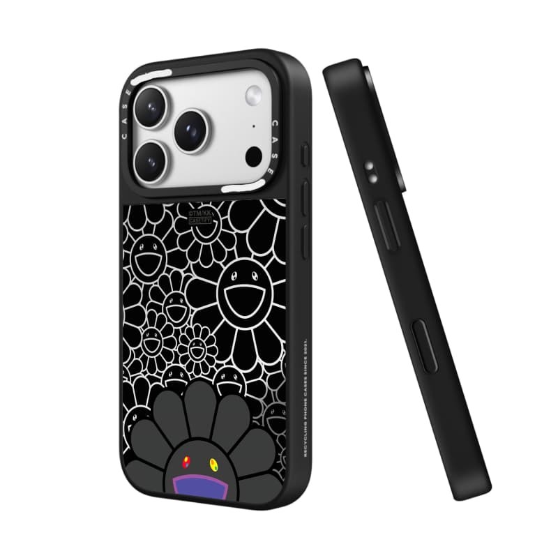 TAKASHI MURAKAMI x CASECASE: FLOWERS BLOOM SMILE (ĐEN) Gương đen & bạc Vỏ iPhone hút từ tính cho iPhone 17 Air 16 15 14 13 12 Pro Max Plus logo khắc