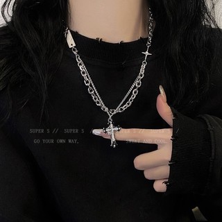 Dây chuyền Hip Hop chéo hai lớp Zircon Punk - Trang sức Unisex dành cho nam giới